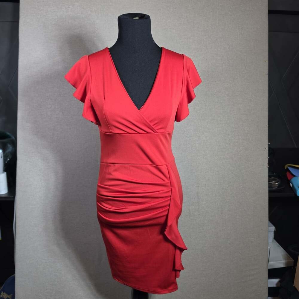 Red Midi Dress Ruched V-Neck Ruffle Sleeve Bodycon Stretch Pullover Sz S - Picture 3 of 11